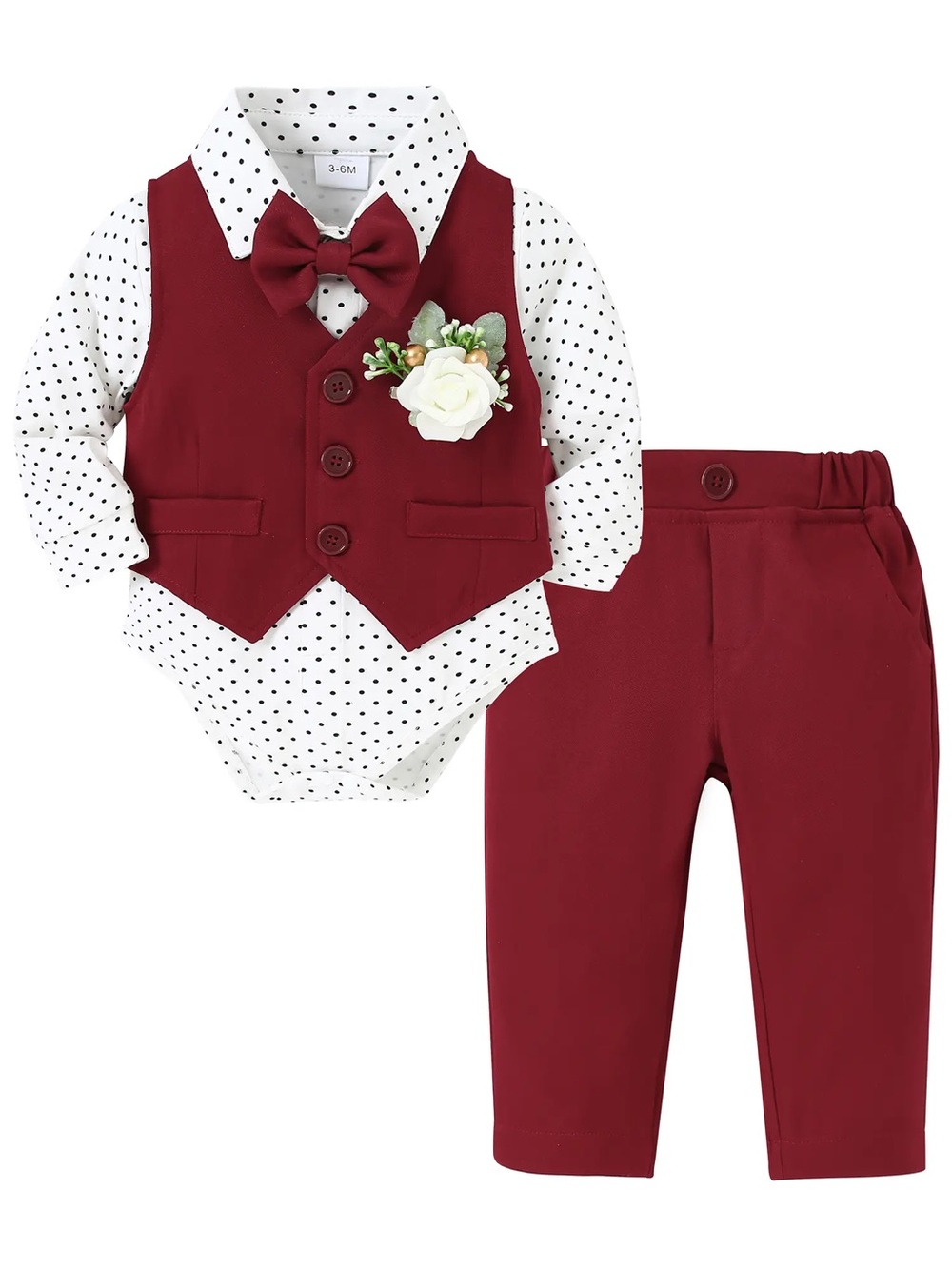 Burgundy Baby Boy Vest Set with Polka Dot Shirt